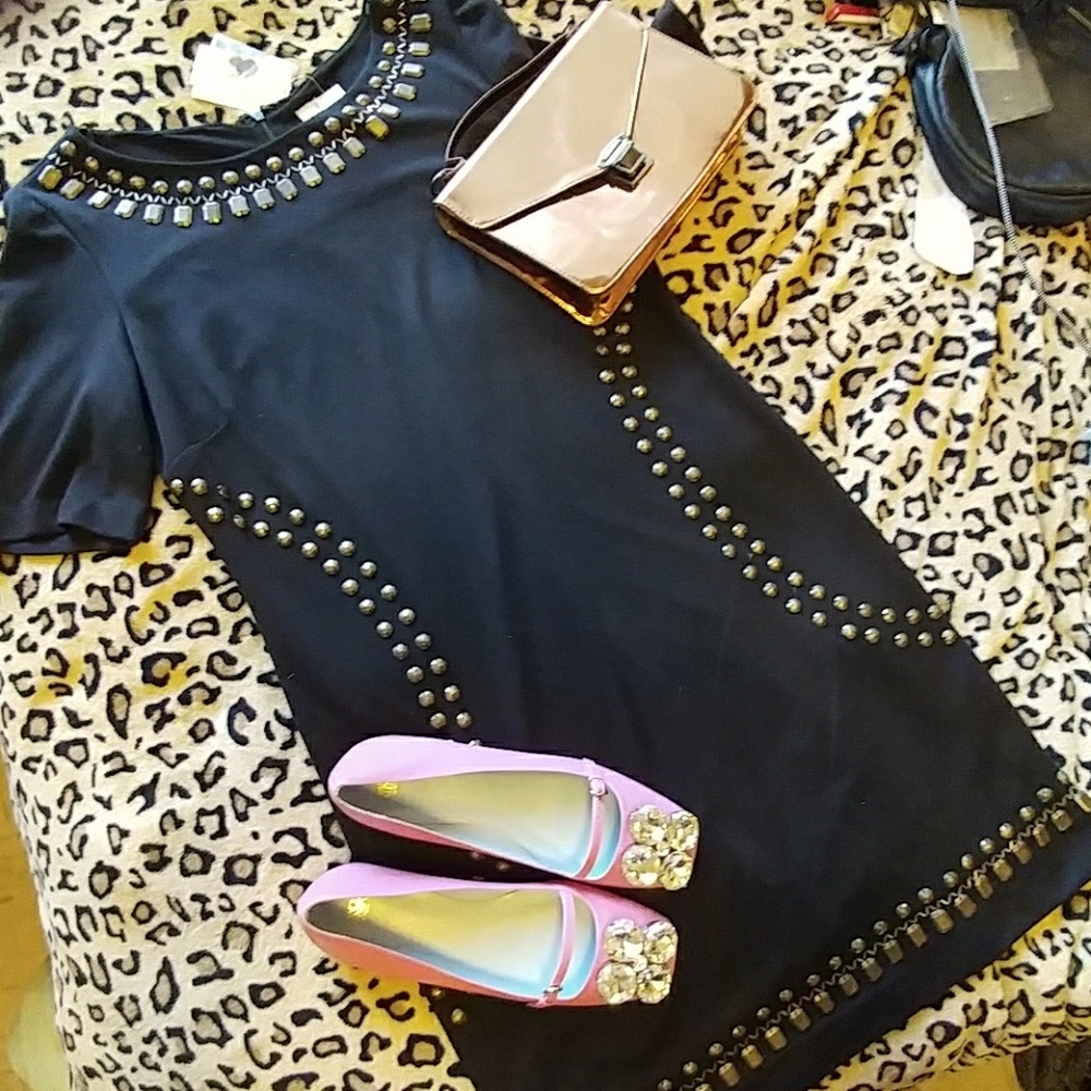 NWT Embellished Black Knit Dress Metal Hardware